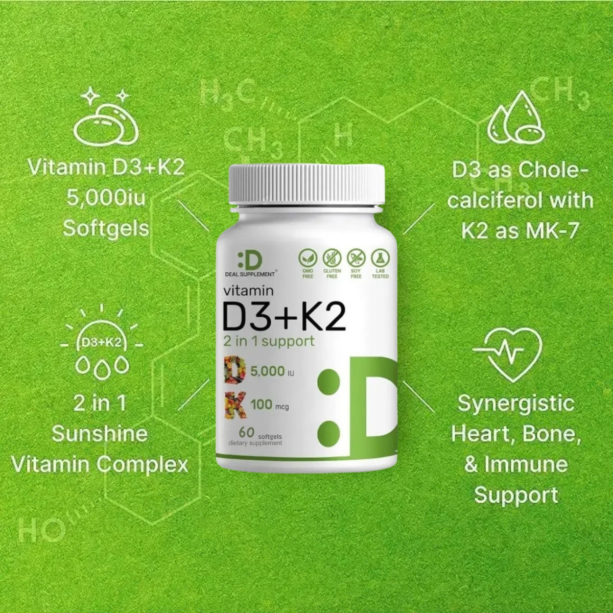 Suplemento de vitamina D3K2 - Alta Potencia